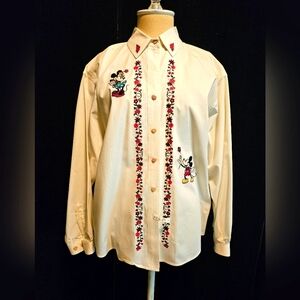 Cream Button-Up Shirt with Mickey Mouse Embroidery